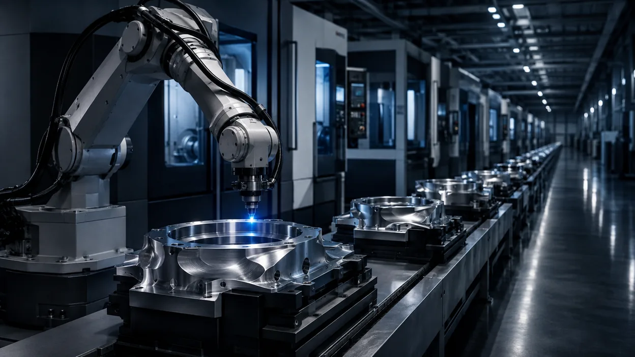 Robotic arms over a precision production line in cool blue light